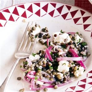 Puy lentil, red onion and feta salad