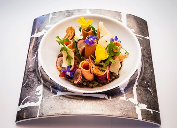 Puy lentil salad with foie gras shavings and smoked duck breast