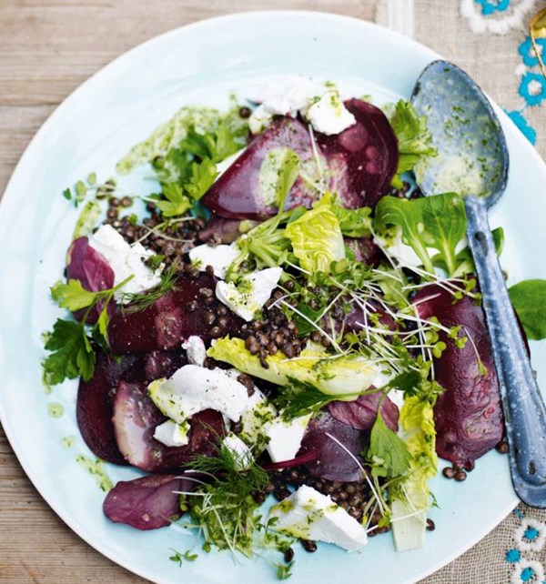 Puy lentil salad with goats' cheese, beetroot and dill vinaigrette