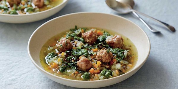 Puy lentil soup, tiny meatballs, salsa verde
