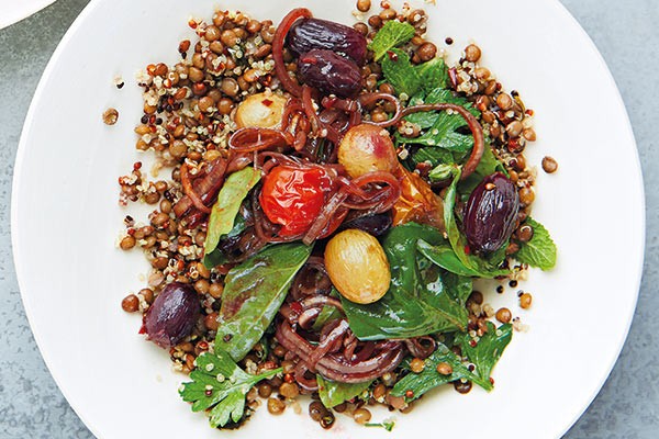 Puy lentils, quinoa, pomegranate-roast grapes and tomatoes, chilli, mint and basil
