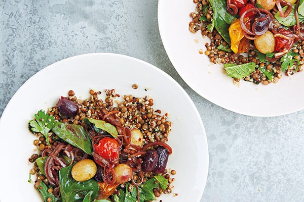 Puy lentils, quinoa, pomegranate, roast grapes and tomatoes, chilli, mint and basil