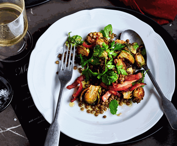 Puy lentils with bacon and Brussels sprouts