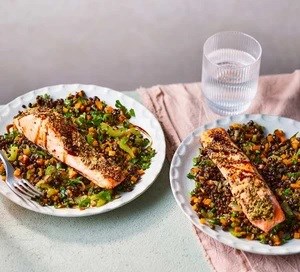 Puy lentils with seared salmon