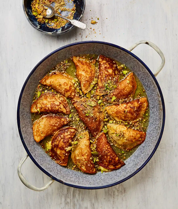 Qatayef with pistachio and orange syrup