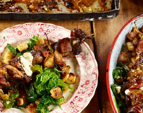 Quail & sausage skewers with celeriac