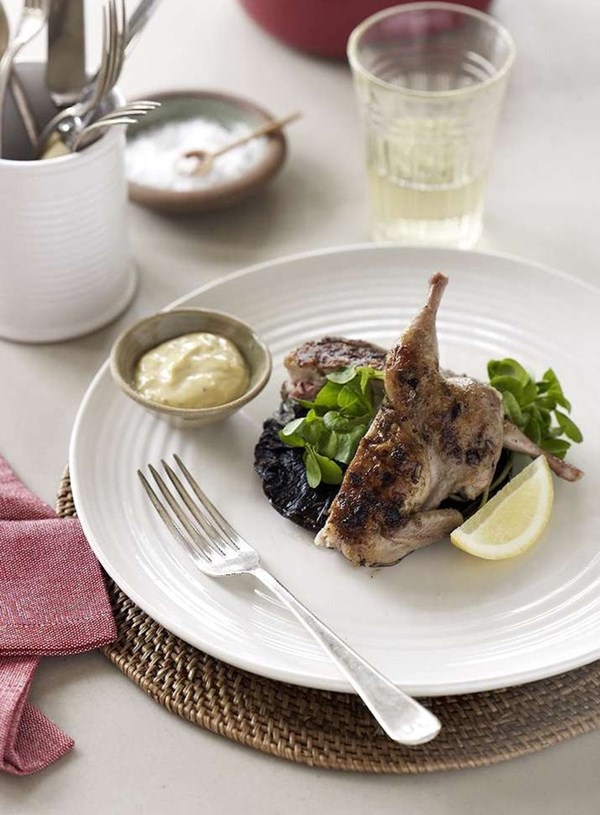 Quail and mushrooms with rosemary aioli