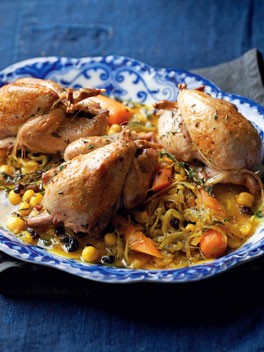 Quail stewed with melting onions, saffron and chickpeas