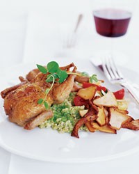 Quail with sweet pea oatmeal and summer vegetable ragout
