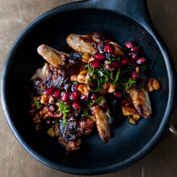 Quails with burnt miso butterscotch and pomegranate and walnut salsa