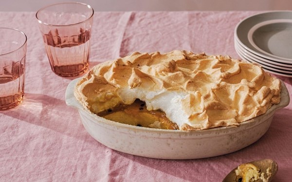 Queen of puddings with mango and passion fruit