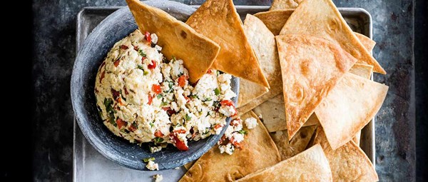 Queso blanco with grilled chillies and cumin, with homemade tortilla chips