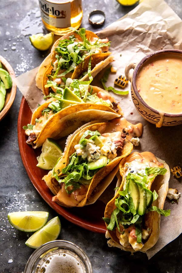 Queso steak and elote tacos