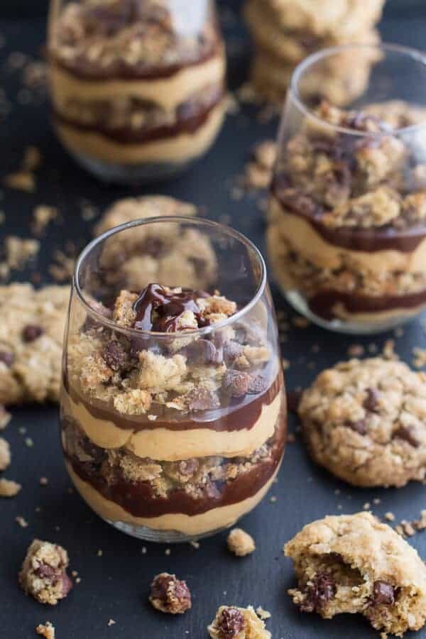 Quick + easy oatmeal chocolate chip cookie peanut butter mousse and fudge parfaits