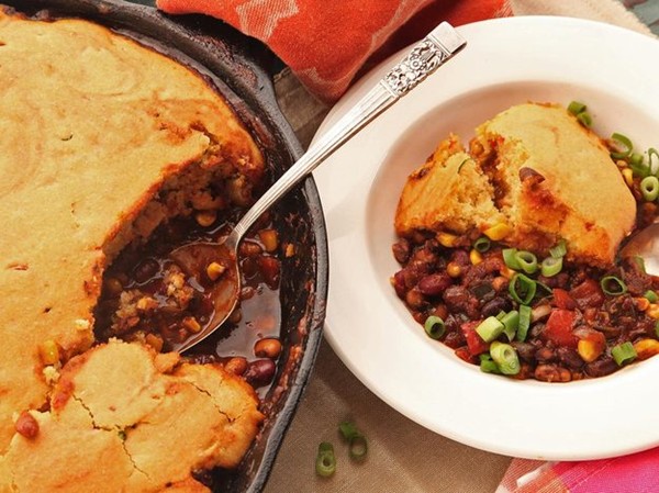 Quick and easy vegetarian tamale pie with brown butter cornbread crust