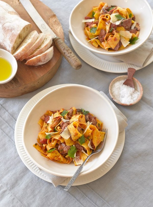 Quick beef ragu on pasta