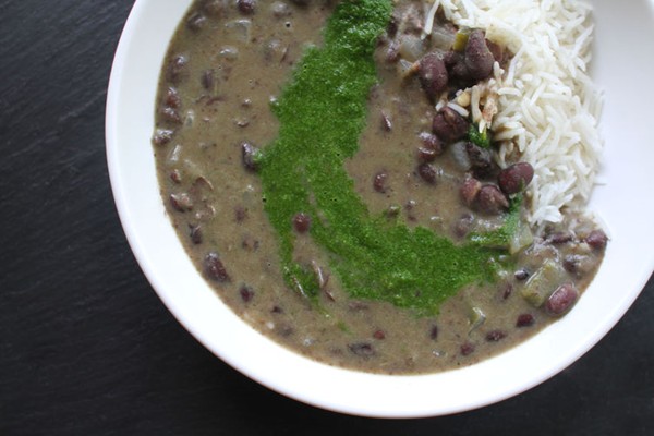 Quick black bean soup with spicy cilantro paste