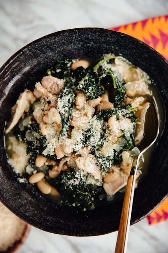 Quick-braised chicken, beans, and greens