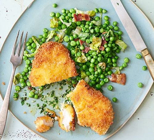 Quick braised lettuce, peas and bacon