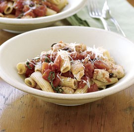 Quick chicken sauté with tomatoes, black olives & basil