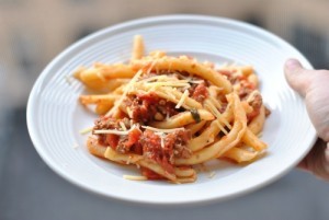 Quick, classy pasta with garlic-lamb sauce