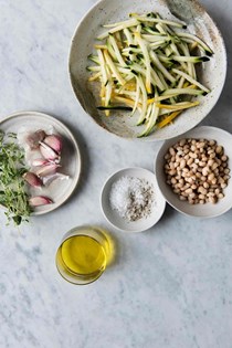 Quick courgette ratatouille with crispy haricot beans