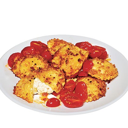 Quick crisp ravioli with roasted tomato sauce