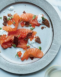 Quick-cured salmon with salmon cracklings