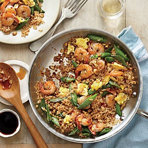 Quick fried brown rice with shrimp and snap peas