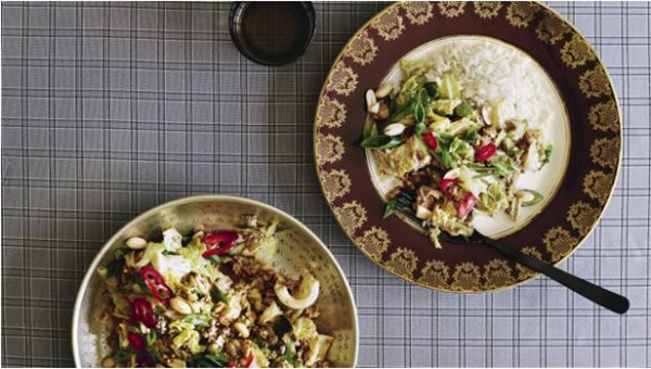 Quick-fried cabbage and pork with chilli and peanut dressing