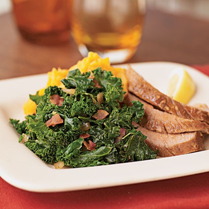Quick kale with bacon and onions