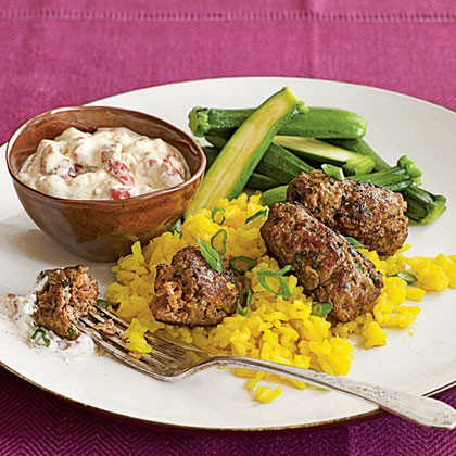 Quick lamb kofta with harissa yogurt sauce