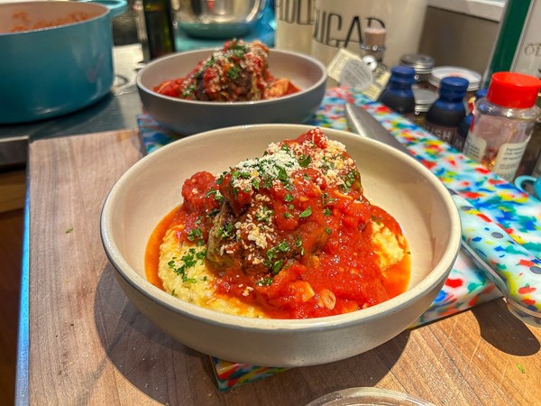Quick meatballs over slow-cooked polenta