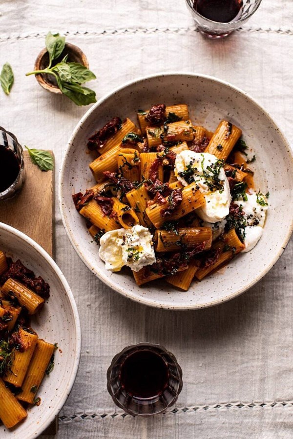 Quick pantry pasta with sun-dried tomatoes and burrata