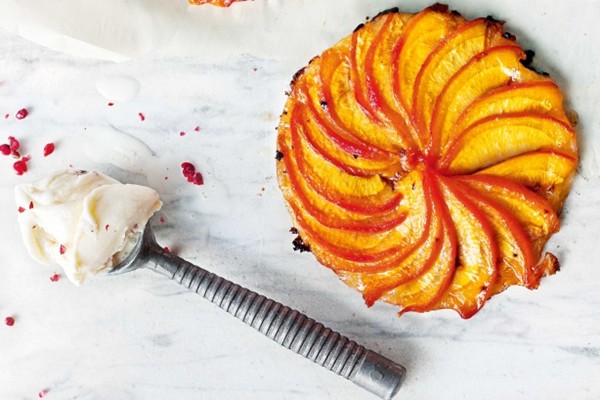 Quick peach tarts with pink peppercorn ice cream