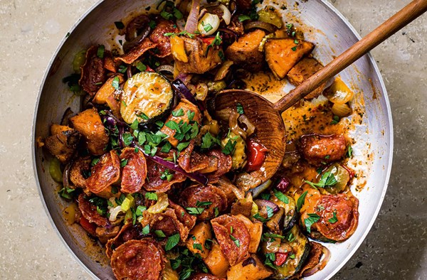 Quick pepperoni & sweet potato hash
