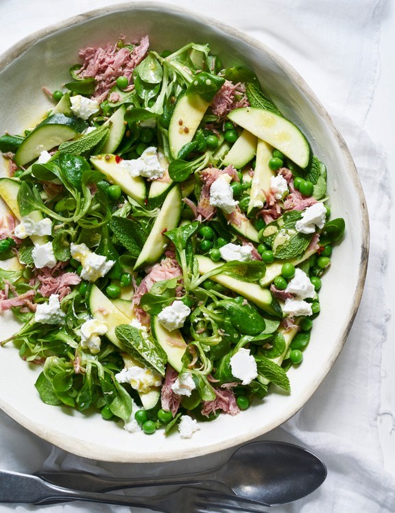 Quick pickled courgette, ham hock, pea and goat's cheese salad