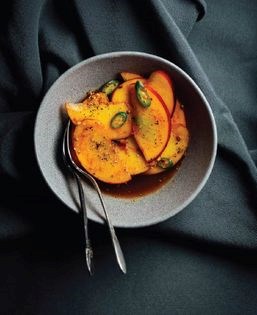 Quick pickled nectarines with mint + serrano
