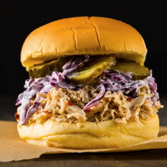 Quick pulled chicken sandwiches with red cabbage slaw