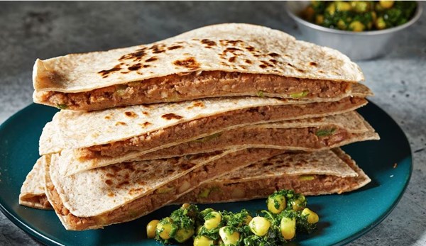 Quick refried-bean quesadillas with corny salsa verde