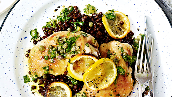 Quick roast chicken and lentils with salsa verde
