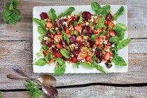 Quick-roasted beet, arugula, and wheat berry salad with strawberry-balsamic dressing