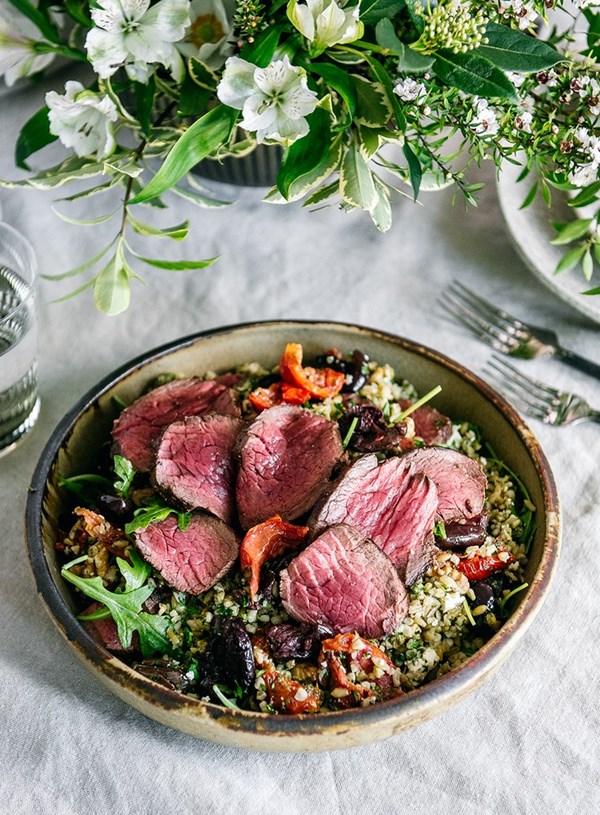 Quick roasted Silver Fern Farms beef eye fillet with a warm winter freekeh salad