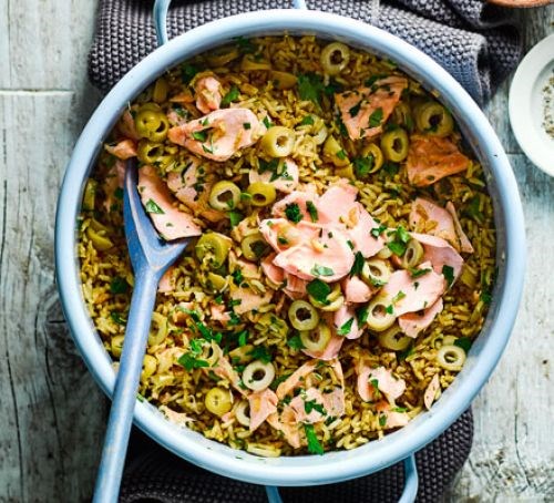 Quick salmon, preserved lemon & olive pilaf