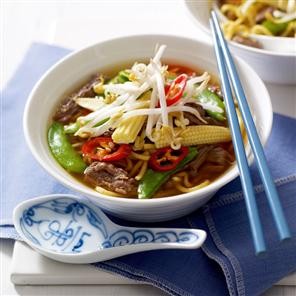 Quick spicy beef pho with egg noodles