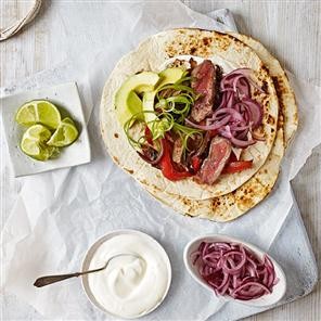 Quick steak fajitas with pickled red onions
