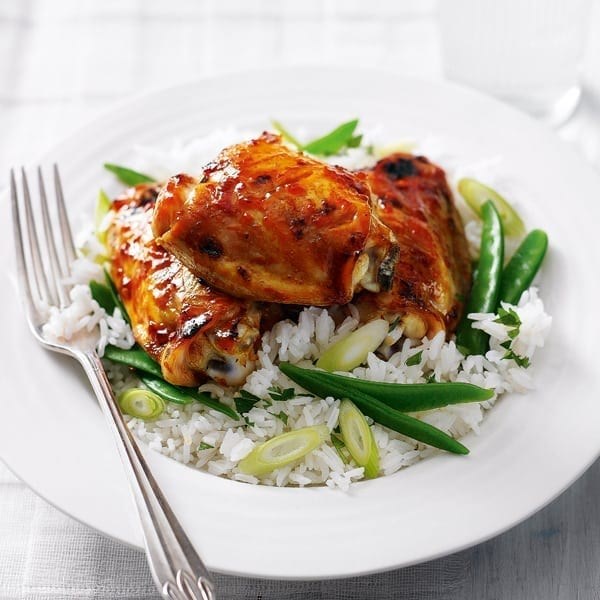 Quick sticky harissa chicken thighs and rice