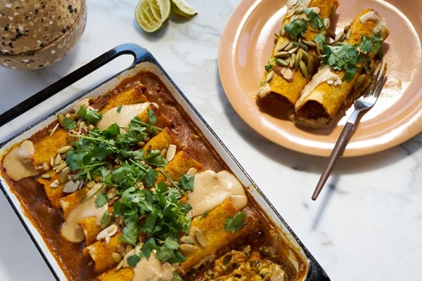 Quick vegan enchiladas with sweet potato sauce