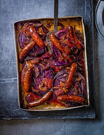 Quince-glazed cabbage chorizo