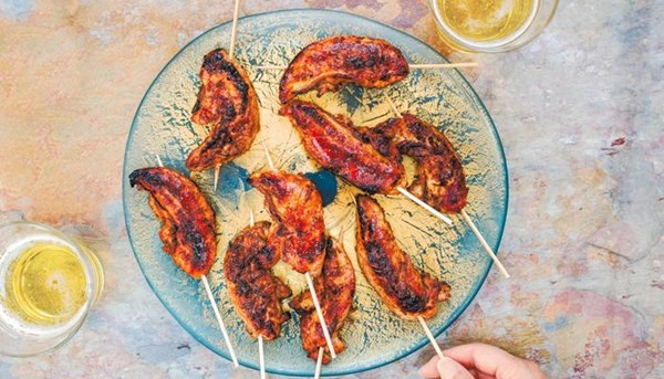 Quince-glazed chicken fillet skewers